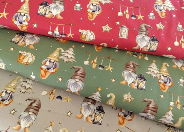 Elves and lanterns christmas cotton fabric with christmas elves sandy